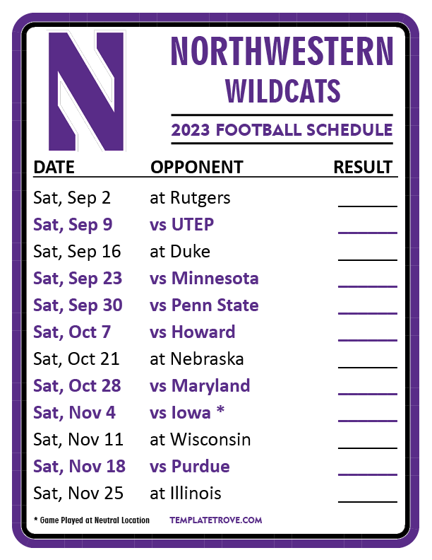 Printable 2023 Northwestern Wildcats Football Schedule 2 