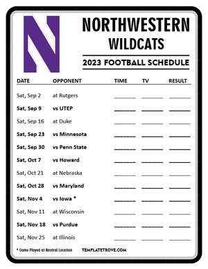Northwestern Wildcats Football 2023 Printable Schedule - Style 4
