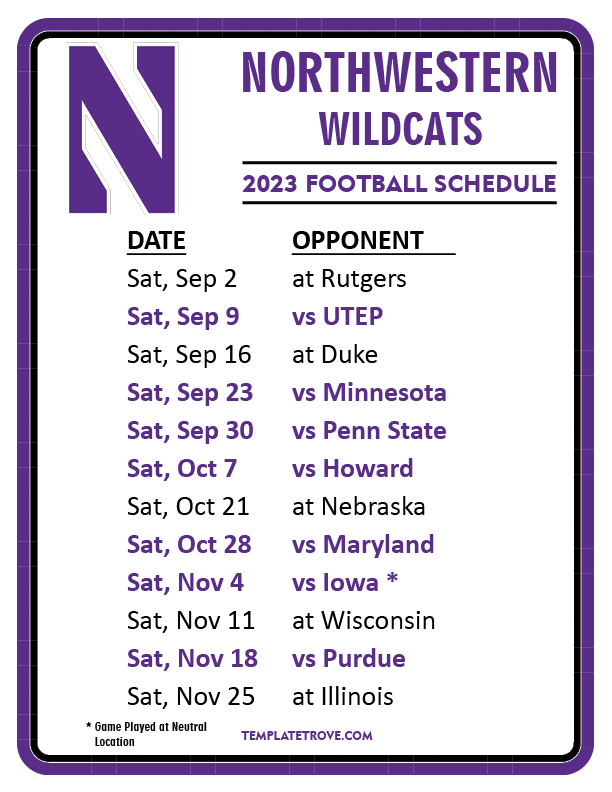 Printable 2023 Northwestern Wildcats Football Schedule