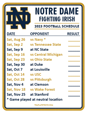 Notre Dame Fighting Irish Football 2023 Printable Schedule  - Style 2