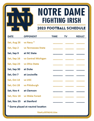Notre Dame Fighting Irish Football 2023 Printable Schedule - Style 3