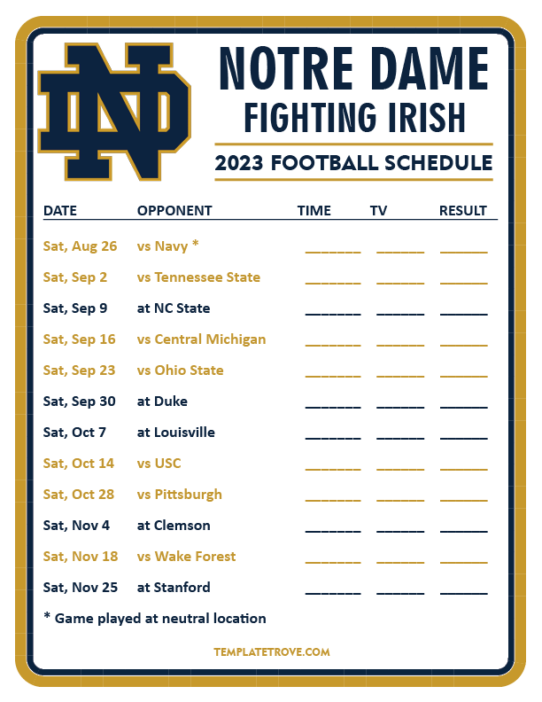 Printable 2023 Notre Dame Fighting Irish Football Schedule