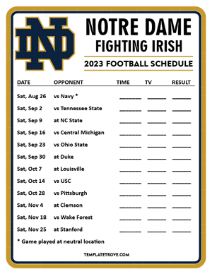 Notre Dame Fighting Irish Football 2023 Printable Schedule - Style 4