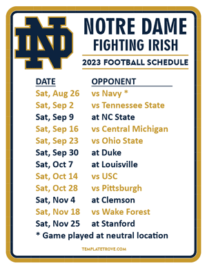 Notre Dame Fighting Irish Football 2023 Printable Schedule