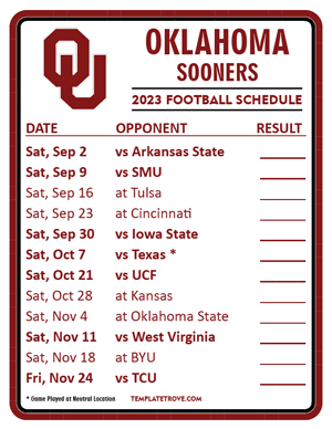 Oklahoma Sooners Football 2023 Printable Schedule  - Style 2