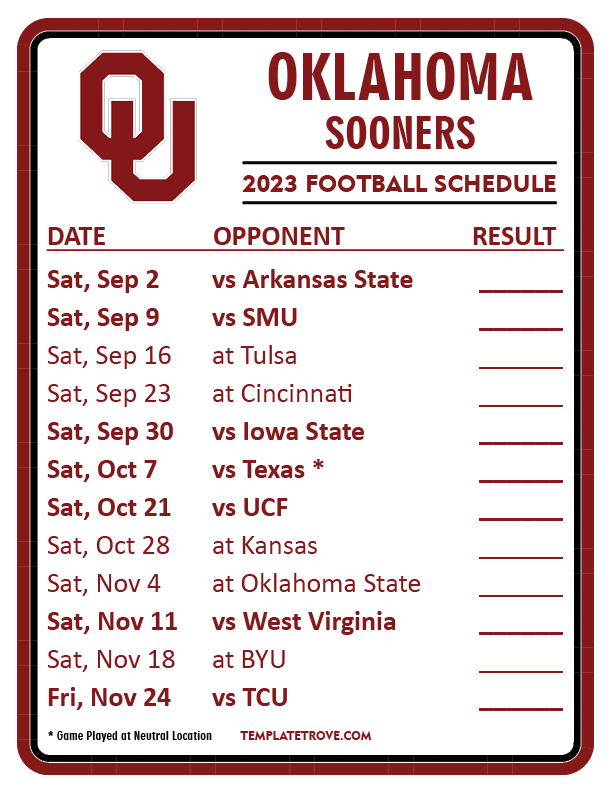 Printable 2023 Oklahoma Sooners Football Schedule