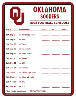 Oklahoma Sooners Football 2023 Printable Schedule - Style 3
