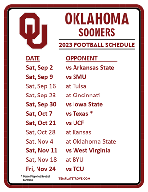 Oklahoma Sooners Football 2023 Printable Schedule