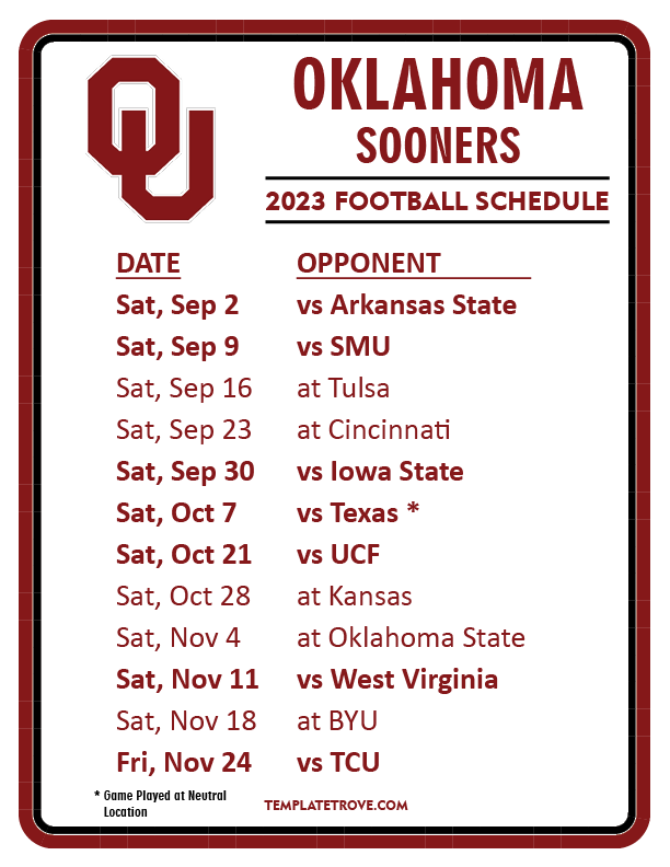 Ou Football Printable Schedule Oklahoma 31, Ucf 29 Oct.