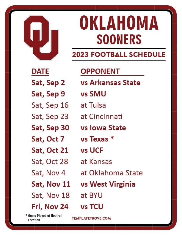 Ou Football Printable Schedule