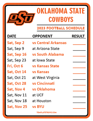 Oklahoma State Cowboys Football 2023 Printable Schedule  - Style 2