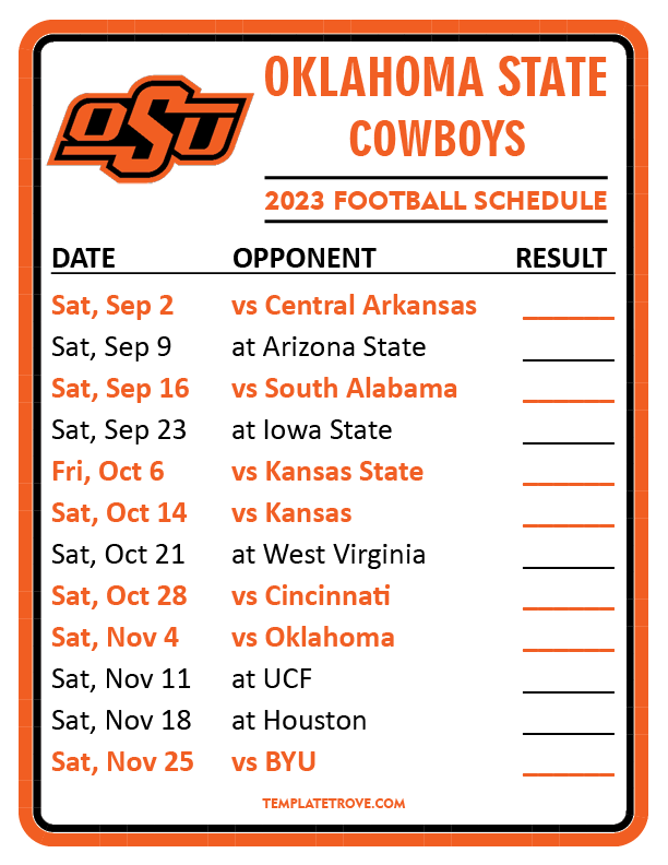 Printable 2023 Oklahoma State Cowboys Football Schedule