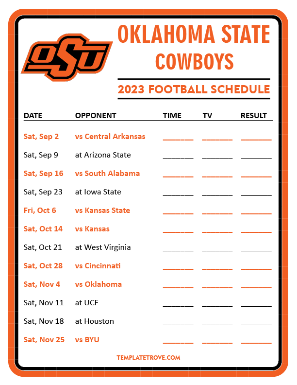 Printable 2023 Oklahoma State Cowboys Football Schedule