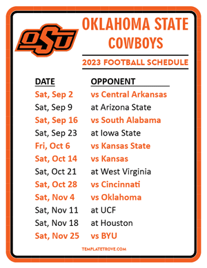 Oklahoma State Cowboys Football 2023 Printable Schedule