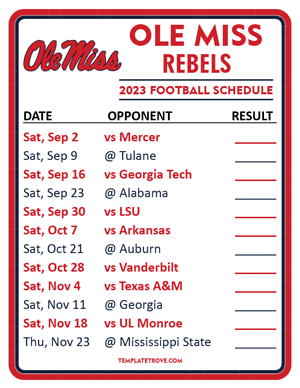 Ole Miss Rebels Football 2023 Printable Schedule  - Style 2