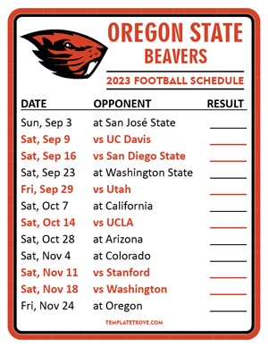 Oregon State Beavers Football 2023 Printable Schedule  - Style 2
