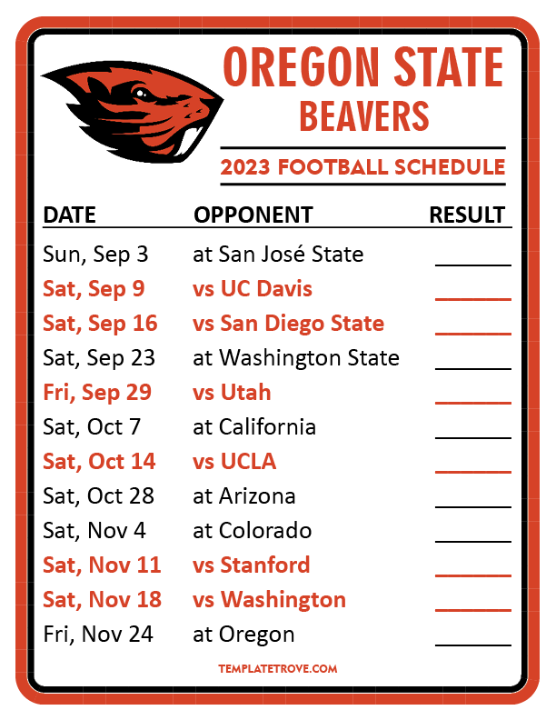 Printable 2023 Oregon State Beavers Football Schedule