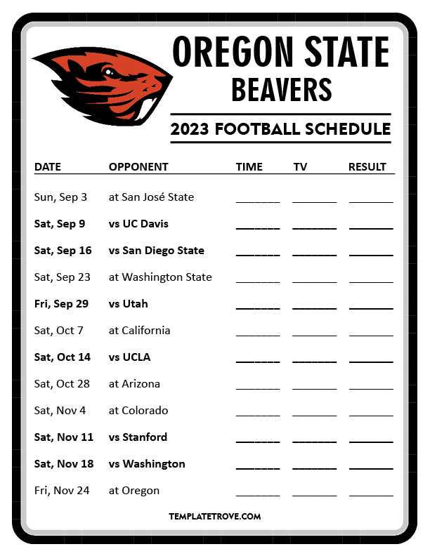 Printable 2023 Oregon State Beavers Football Schedule