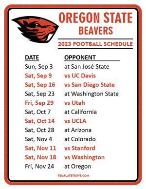 Oregon State Beavers Football 2023 Printable Schedule