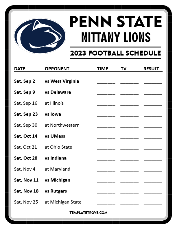 Printable 2023 Penn State Nittany Lions Football Schedule