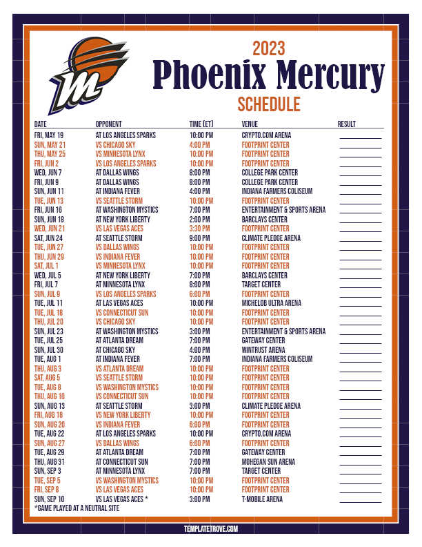 Printable 2023 Phoenix Mercury Basketball Schedule 