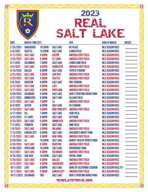 Real Salt Lake 2023 Printable Soccer Schedule