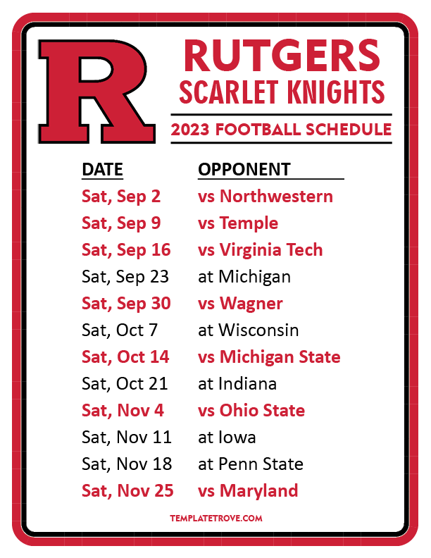 Printable 2023 Rutgers Scarlet Knights Football Schedule