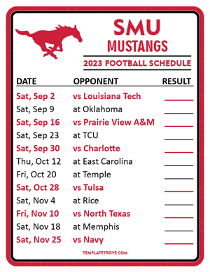 SMU Mustangs Football 2023 Printable Schedule  - Style 2