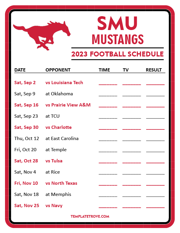 Printable 2023 SMU Mustangs Football Schedule