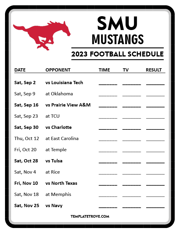 Printable 2023 SMU Mustangs Football Schedule
