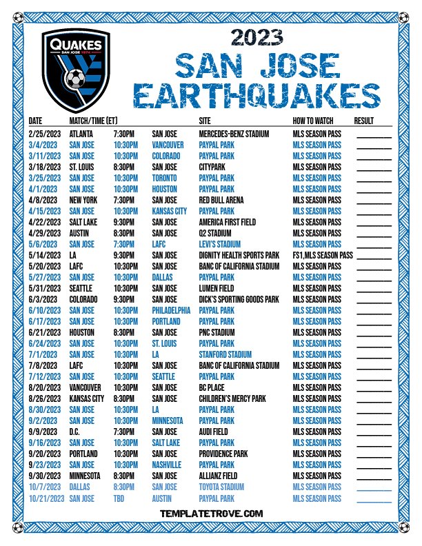 Printable2023 San Jose Earthquakes Soccer Schedule