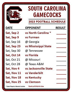South Carolina Gamecocks Football 2023 Printable Schedule  - Style 2