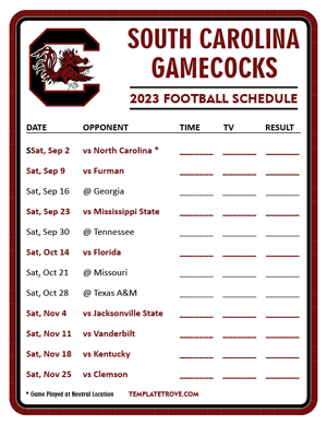 South Carolina Gamecocks Football 2023 Printable Schedule - Style 3