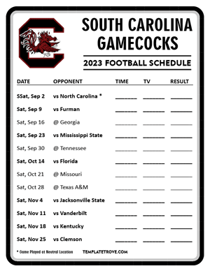 South Carolina Gamecocks Football 2023 Printable Schedule - Style 4