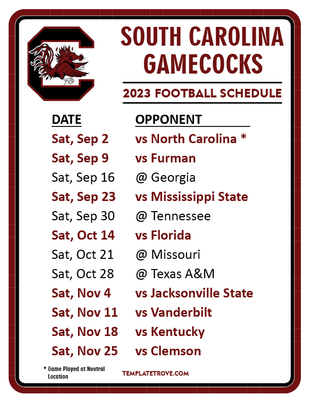 Printable 2023 South Carolina Gamecocks Football Schedule