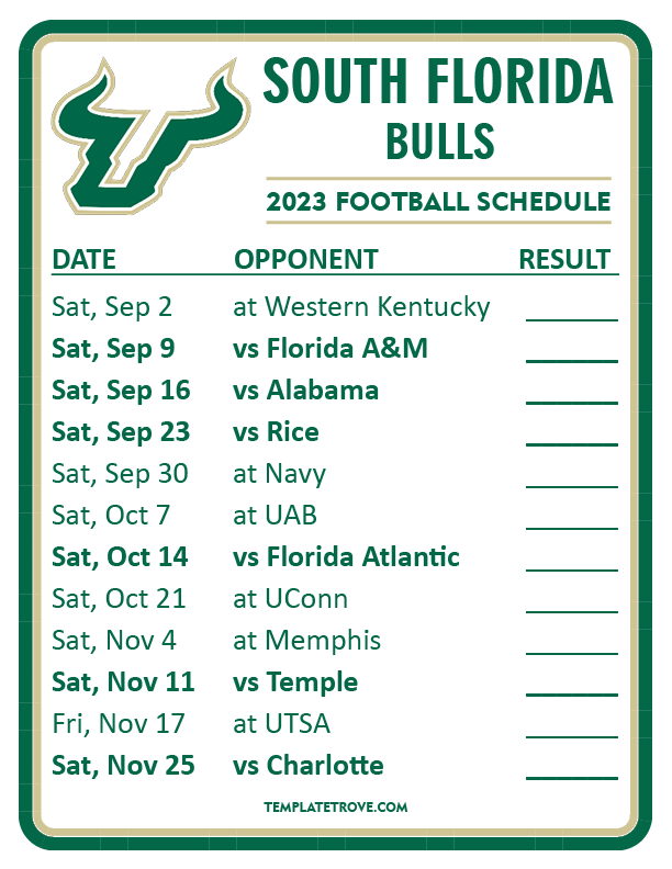 Printable 2023 South Florida Bulls Football Schedule