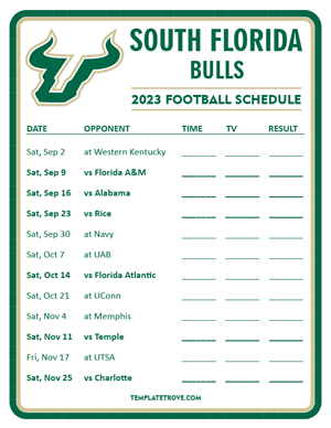 South Florida Bulls Football 2023 Printable Schedule - Style 3