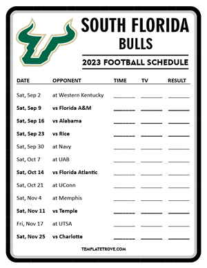 South Florida Bulls Football 2023 Printable Schedule - Style 4