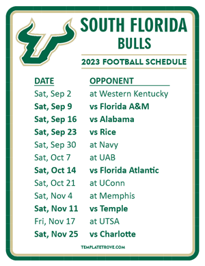 South Florida Bulls Football 2023 Printable Schedule