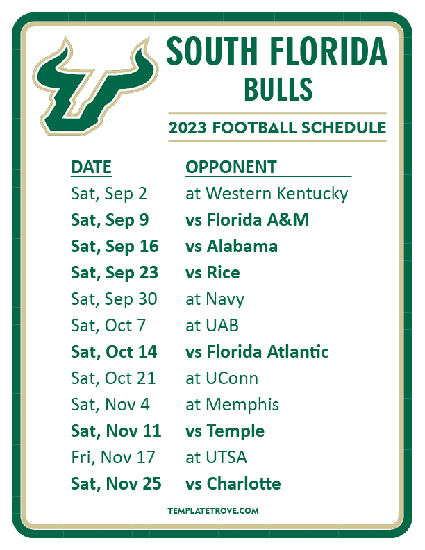 Printable 2023 South Florida Bulls Football Schedule