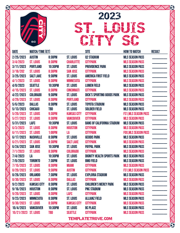 Printable2023 St Louis City SC Soccer Schedule