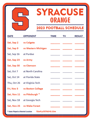 Syracuse Orange Football 2023 Printable Schedule - Style 3