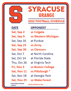 Syracuse Orange Football 2023 Printable Schedule