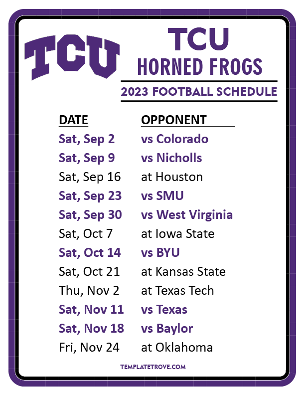 Printable 2023 TCU Horned Frogs Football Schedule