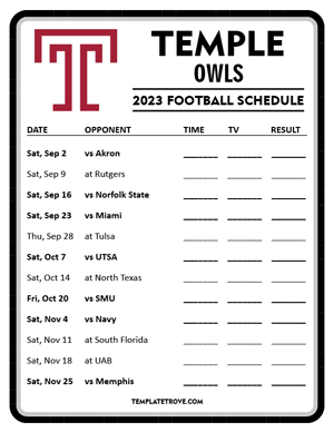 Temple Owls Football 2023 Printable Schedule - Style 4