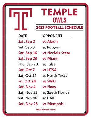 Temple Owls Football 2023 Printable Schedule