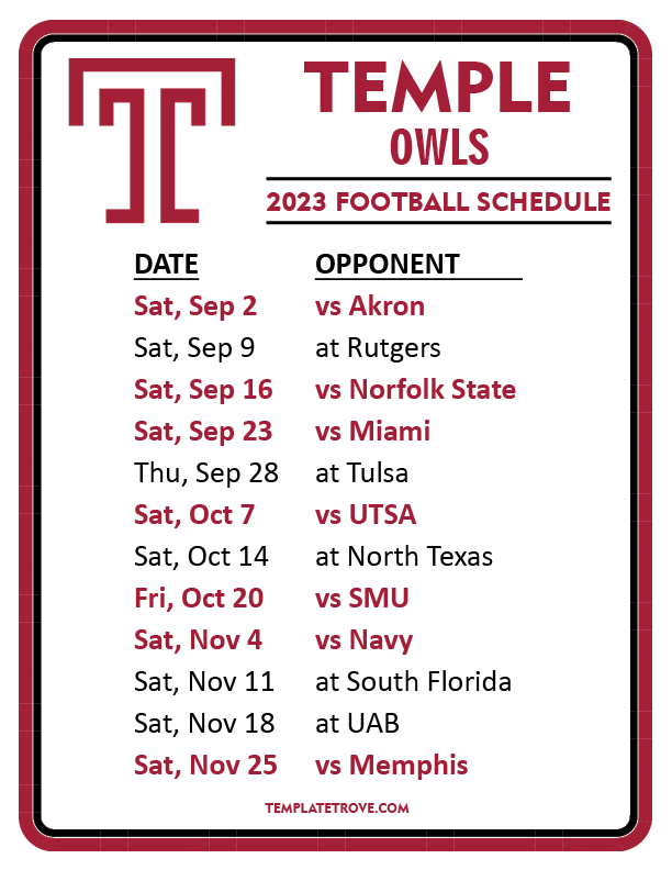 Printable 2023 Temple Owls Football Schedule