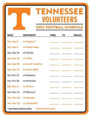 Tennessee Volunteers Football 2023 Printable Schedule - Style 3