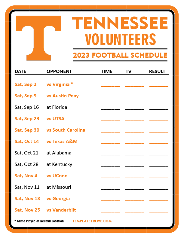 Printable 2023 Tennessee Volunteers Football Schedule