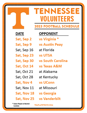 Tennessee Volunteers Football 2023 Printable Schedule